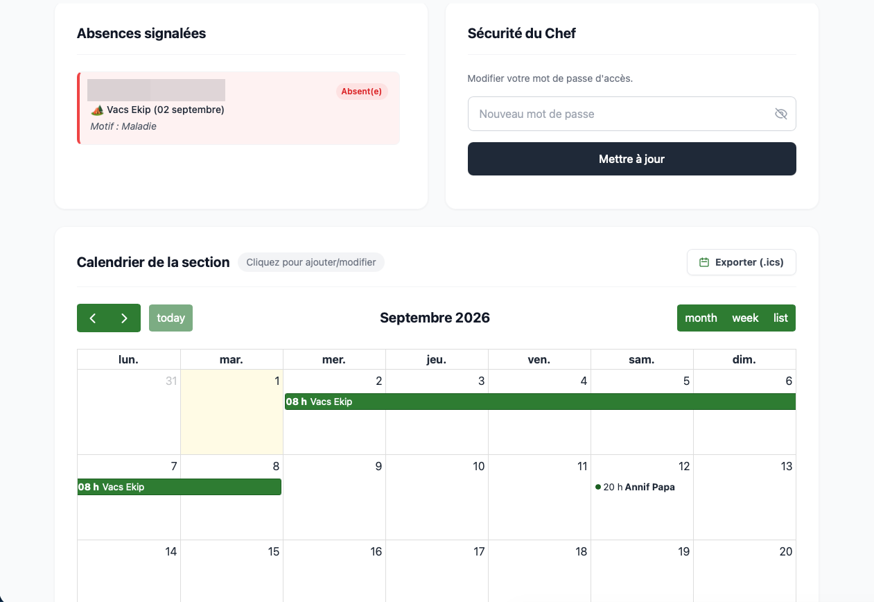 Tableau de bord et calendrier Chef